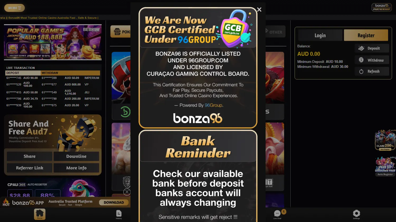 Bonza96 Casino desktop home screen