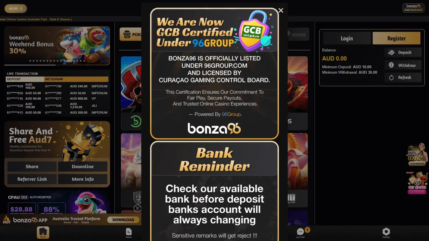 Bonza96 Casino desktop games lobby